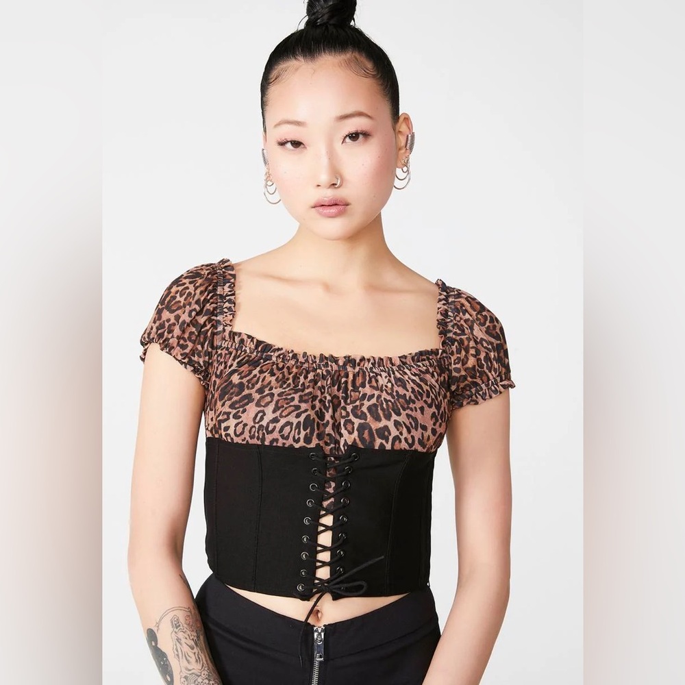 I AM GIA Rhia Corset Bustier Top Leopard Cheetah Mesh Black Lace Up Cropped XS